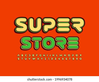 Vector business logo Super Store. Bright retro Font. Set of creative Alphabet Letters and Numbers