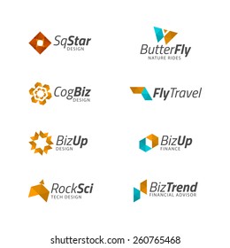 Vector Business logo templates. Abstract geometric icon design shapes, plane, butterfly, cog, star, rocket for technology, business, spa, nature, travel themes.