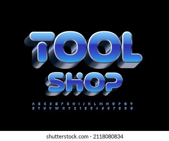 Tienda de herramientas del logotipo del negocio de los vectores. Fuente 3D azul y metal. Resumen de letras y números de alfabeto