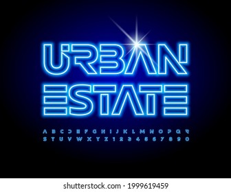 Vector business logo Urban Estate. Blue Neon Font, Futuristic style Alphabet Letters and Numbers set