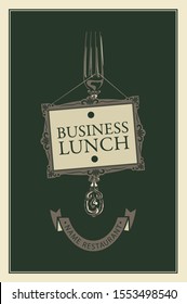 Vector business lunch menu for restaurant with realistic fork, picture frame and ribbon in retro style on a dark background
