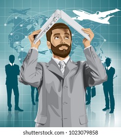 Vector business man with beard hides under the laptop in his hands