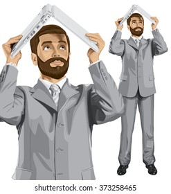 Hombre de negocios vectores con barba escondida debajo del portátil en las manos