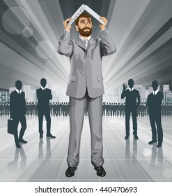 Hombre de negocios vectores con barba escondida debajo del portátil en las manos