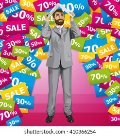 Vector business man with beard on sale hides under the laptop in his hands