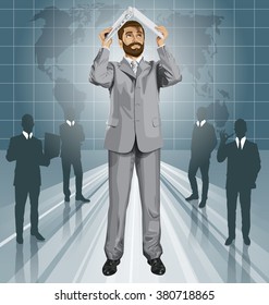 Vector business man with beard travel, hides under the laptop in his hands