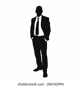 vector business man black silhouette standing full length over white background hold hands in pockets wear suit and tie