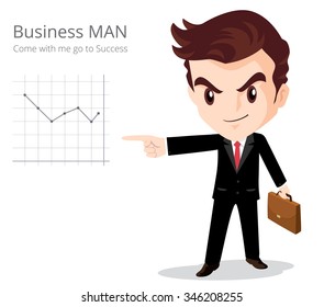 Vector of Business man character look so smart pointing graph go to success.