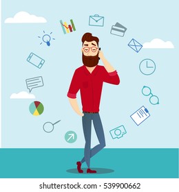 Vector business man characters in casual clothes. Image man with mobile phone with business icons on blue background