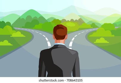 Vector of a business man in front of two roads thinking deciding which way to go in life 