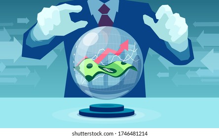 Vector Of A Business Man Giving Market Forecast With Crystal Ball 