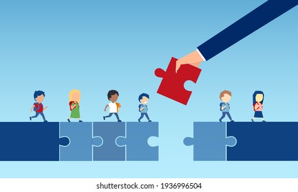 Vector Of A Business Man Hand Holding A Puzzle Piece Bridging The Gap In Primary Education For Children Passing By