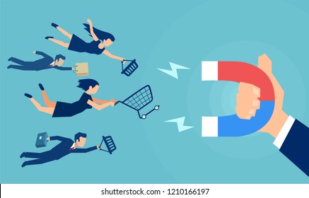 Vector of a business man hand with magnet attracting different customers with bags and carts.