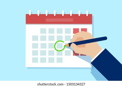 Vector of a business man hand with pen marking important day on calendar.