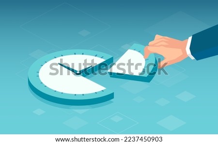 Vector of a business man hand stealing a slice of a clock. Time management concept 