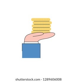 Vector business man hand in suit holding golden coins icon. Symbol of money, banking, finance business and investment. Isolated illustration
