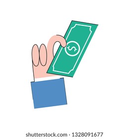 Vector business man hand in suit holding dollar green banknote icon. Symbol of cash money, banking, finance business and investment. Isolated illustration