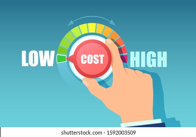 Vector of a business man hand turning cost dial to a low position, reducing expenses 
