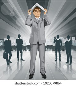 Vector business man hides under the laptop in his hands