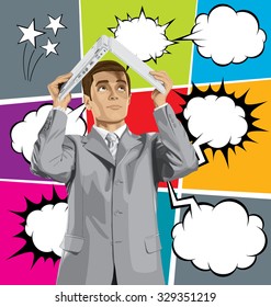 Vector business man hides under the laptop in his hands with speech bubbles