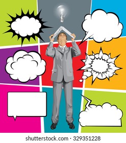 Vector business man hides under the laptop, looking up,  set of comics style speech and thought bubbles