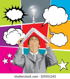 Vector business man hides under the laptop, looking up,  set of comics style speech and thought bubbles