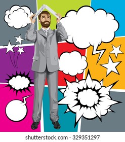 Vector business man hides under the laptop in his hands with speech bubbles