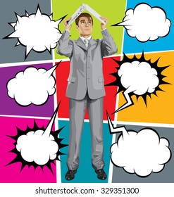 Vector business man hides under the laptop in his hands with speech bubbles
