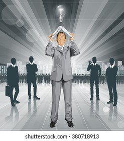 Vector business man hides under the laptop, looking up, looking for idea