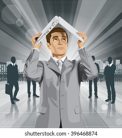 Vector business man hides under the laptop in his hands