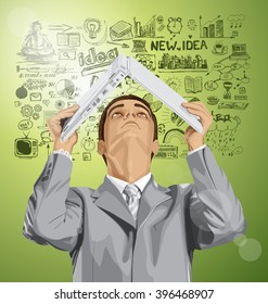 Un hombre de negocios vectorial se esconde debajo del portátil, mirando hacia arriba, buscando ideas