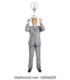 Vector business man hides under the laptop, looking up, looking for idea