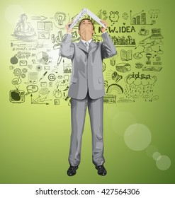 Vector business man hides under the laptop, looking up, looking for idea