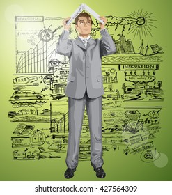 Vector business man hides under the laptop in his hands
