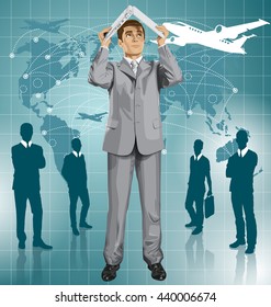 Un hombre de negocios vectores se esconde bajo la laptop en sus manos