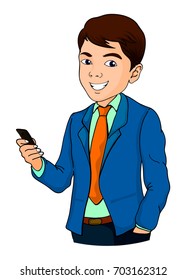 vector business man is holding a mobile phone
