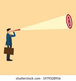 Vector of business man holding suitcase looking into binoculars and sees target