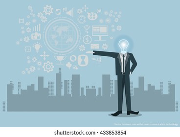 Vector business man with icons Communication technology flat design
