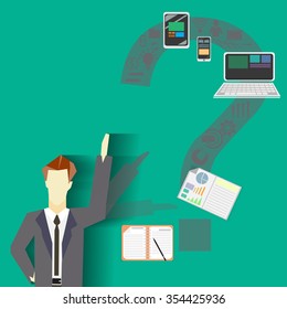 Vector business man with icons technology and phone tablet and computer