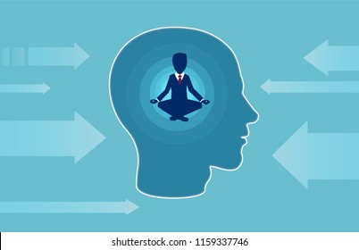 Vector of a business man inside human head doing yoga resisting outside negative influence. Peaceful mind, calm concept