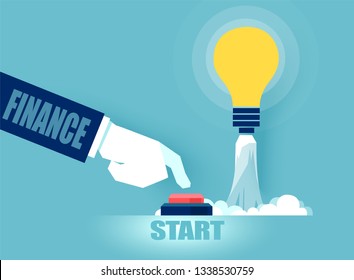 Vector of a business man investing money in bright idea pushing the start up button. 