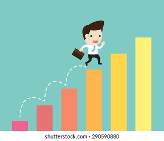 vector business man jump over growing chart in flat design