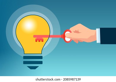 Vector of a business man with a key unlocking idea light bulb 