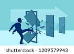 Vector of a business man kicking down and destroying door one by one, eliminating barrier of entries, roadblocks, overcoming challenges, 