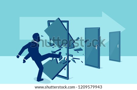 Vector of a business man kicking down and destroying door one by one, eliminating barrier of entries, roadblocks, overcoming challenges, 