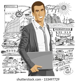 Vector business man with laptop in his hands. All layers well organized and easy to edit