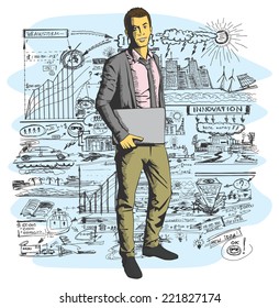 Vector business man with laptop in his hands