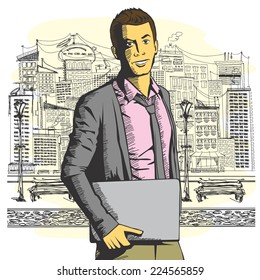 Vector de negocios con portátil en sus manos