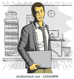 Vector de negocios con portátil en sus manos