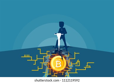 Vector of a business man mining bitcoins. Modern concept of digital crypto mining. 